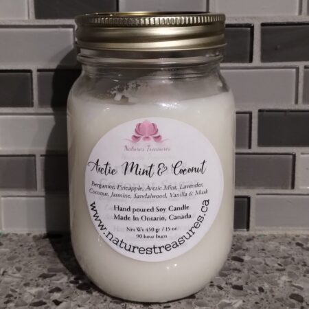 Arctic Mint & Coconut Sugar Soy Wax Candle - Mason Jar 80+ Hours Burn Time - Wooden Wick