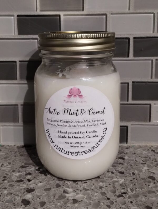 Arctic Mint & Coconut Sugar Soy Wax Candle - Mason Jar 80+ Hours Burn Time - Wooden Wick