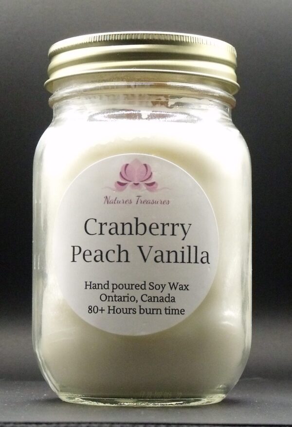 Cranberry Peach Vanilla Soy Wax Candle - Mason Jar 80+ Hours Burn Time - Wooden Wick