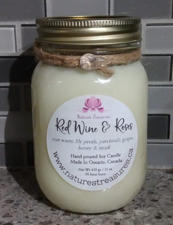 Red Wine & Roses Soy Wax Candle - Mason Jar 80+ Hours Burn Time - Wooden Wick