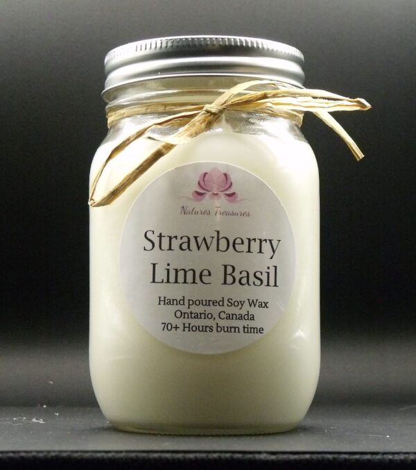 Strawberry Lime Basil Soy Wax Candle - Mason Jar 80+ Hours Burn Time - Wooden Wick