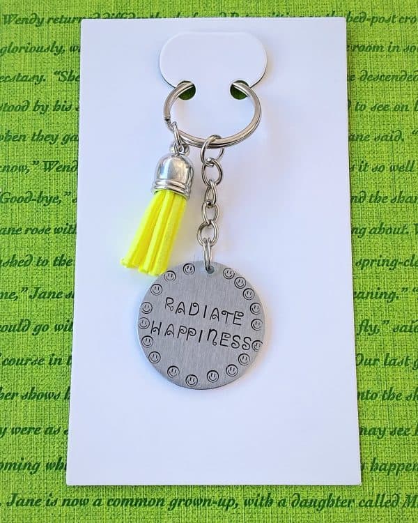 ‘radiate happiness’ hand stamped keychain