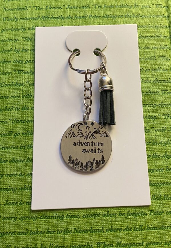 ‘adventure awaits’ hand stamped keychain