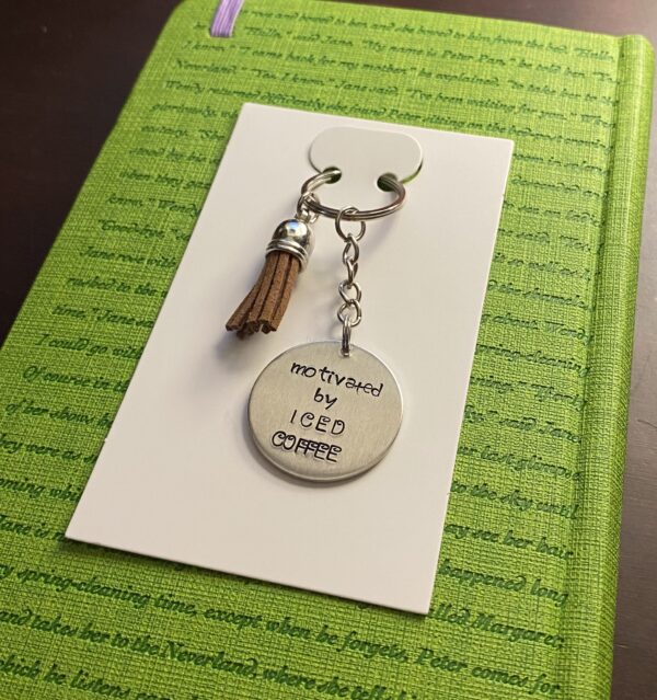 ‘motivated by iced coffee’ hand stamped keychain