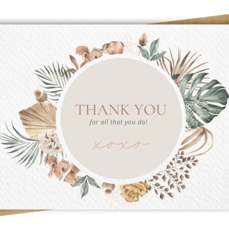 Thank you greeting card featuring modern watercolour foliage such as Monstera and dried Palm leaf