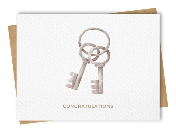 New home greeting card displaying a set of watercolour skeleton keys