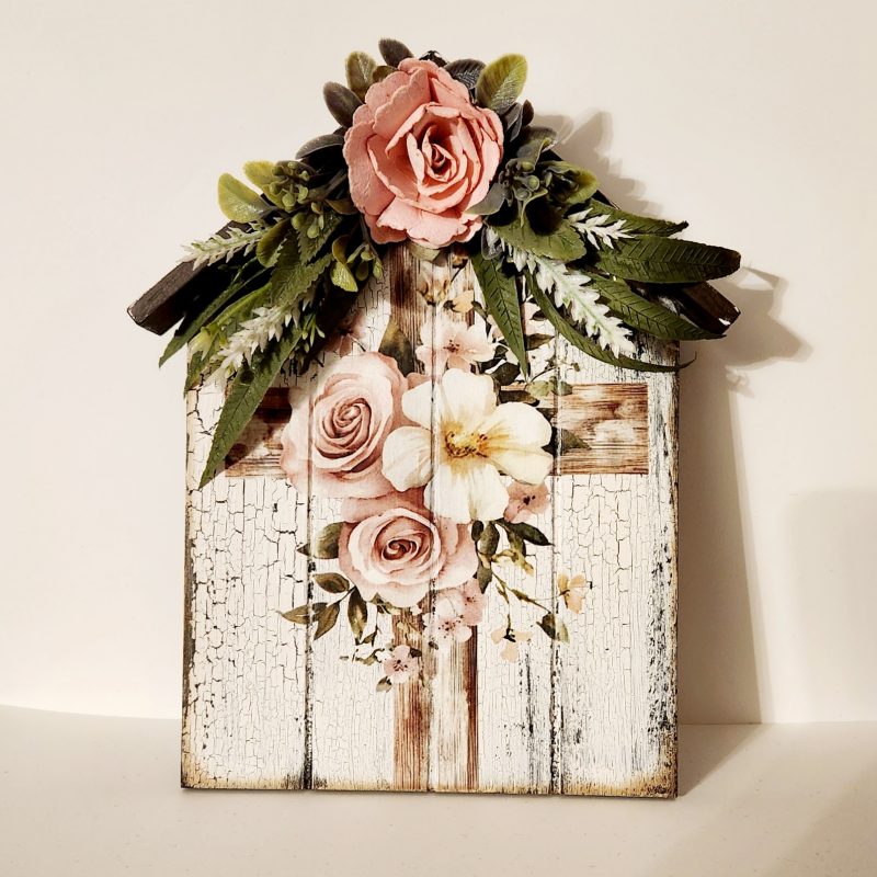 Wood House with Cross & Florals Shelf Sitter