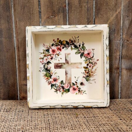 Cross & Floral Wreath Wood Shelf Sitter