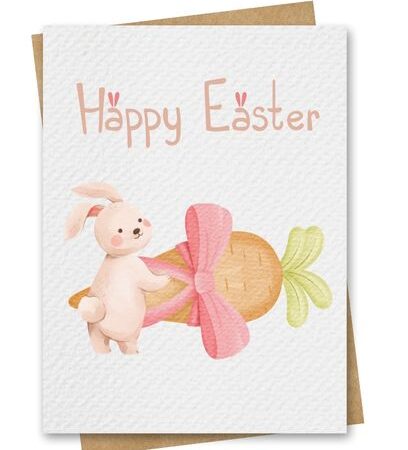 Ecstatic watercolour bunny with a large carrot gift Easter Card