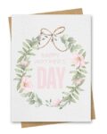 A Mother's day card portraying a beautiful watercolour floral wreath in shades of green and pink