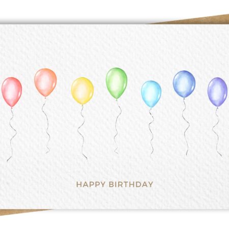Birthday greeting card featuring a rainbow of watercolour balloons