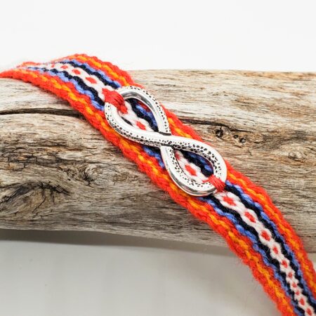 Handmade Metis Sash Bracelet with Silver Infinity Symbol - Adjustable Alpaca Wool, Red Aboriginal Design