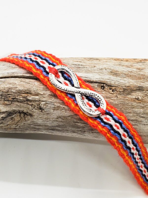Handmade Metis Sash Bracelet with Silver Infinity Symbol - Adjustable Alpaca Wool, Red Aboriginal Design