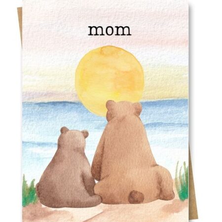A Mother's day card portraying a watercolour mama and baby bear gazing at the sunset over water