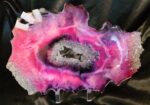 Pink Zebra Resin geode slice With crystals and selenite-stand included