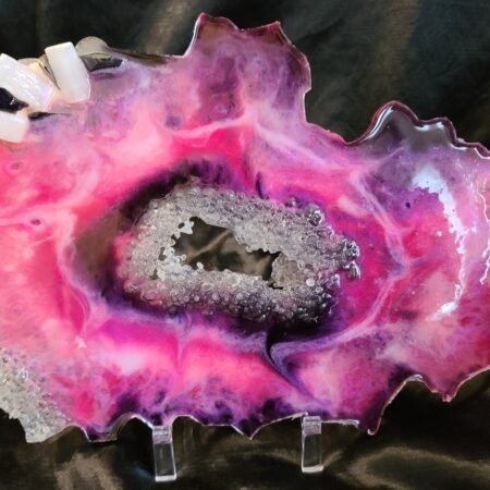 Pink Zebra Resin geode slice With crystals and selenite-stand included