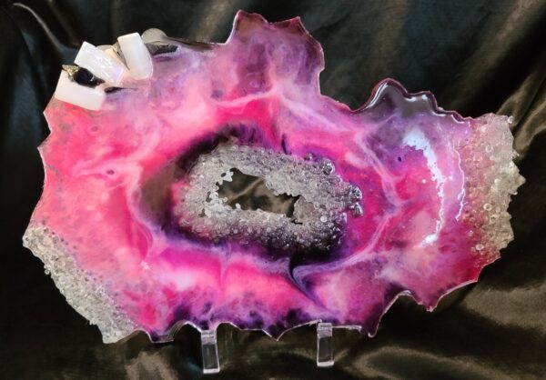Pink Zebra Resin geode slice With crystals and selenite-stand included