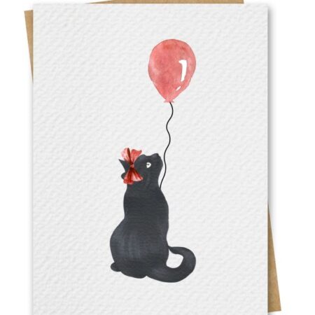 Watercolour Black Cat With Red Balloon Birthday Card