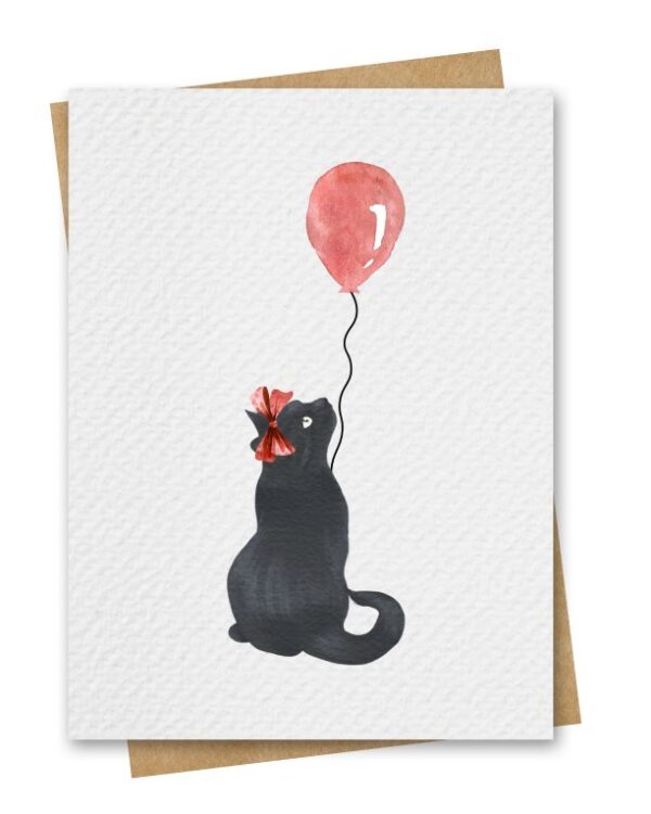 Watercolour Black Cat With Red Balloon Birthday Card