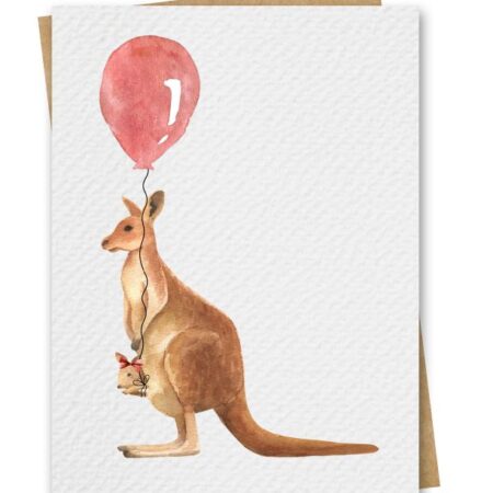 Watercolour Kangaroo and Joey With Red Balloon Birthday Card