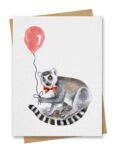 Watercolour Lemur With Red Balloon Birthday Card