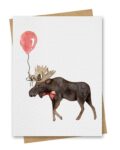 Watercolour Moose With Red Balloon Birthday Card