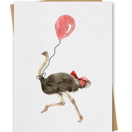 Watercolour Ostrich With Red Balloon Birthday Card