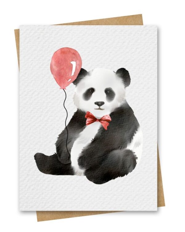 Watercolour Panda With Red Balloon Birthday Card