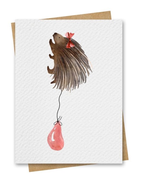 Watercolour Porcupine With Red Balloon Birthday Card