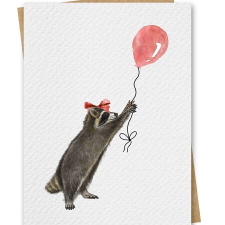 Watercolour Raccoon With Red Balloon Birthday Card