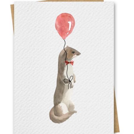 Watercolour Weasel With Red Balloon Birthday Card