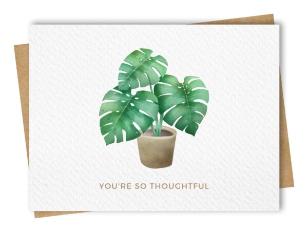 Thank you greeting card featuring a watercolour Monstera potted plant