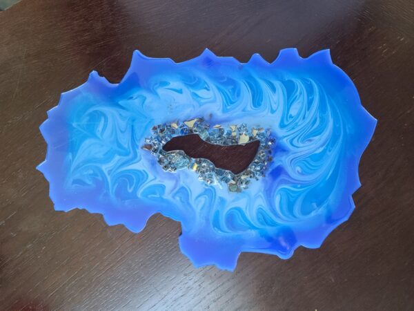Blue Vortex Resin geode slice center ring of crystals-stand included