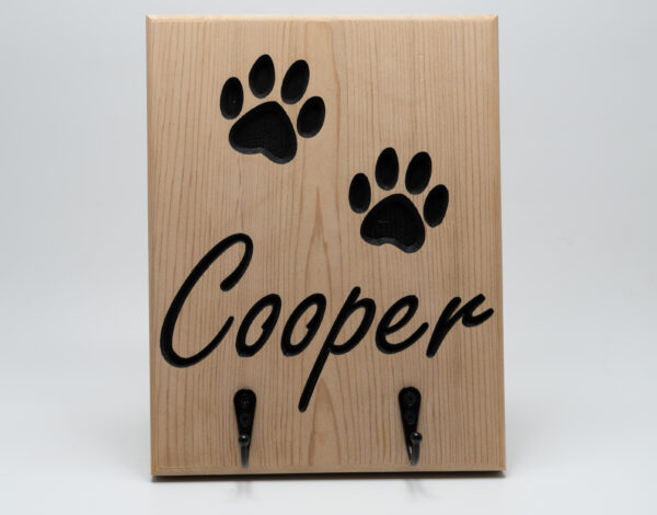 Dog leash and accessory holder customized with colour, and dogs name.