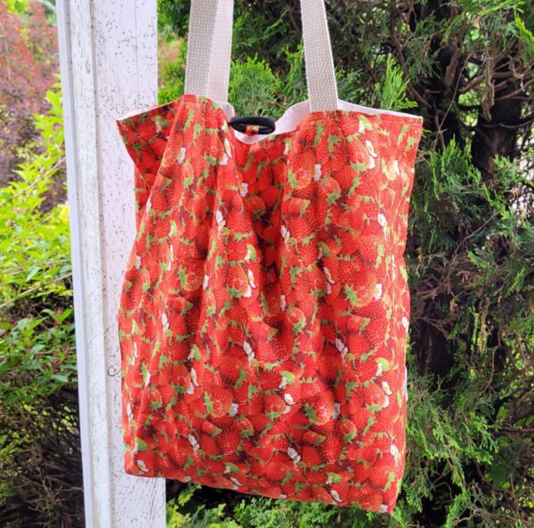 Reusable Cotton Shopping Bag for Purse, Strawberries