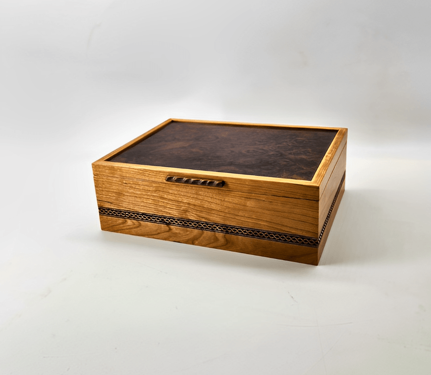 Cherry and Walnut Burl Keepsake Box with an Engraved Celtic Knot 12L x 9W x 4H