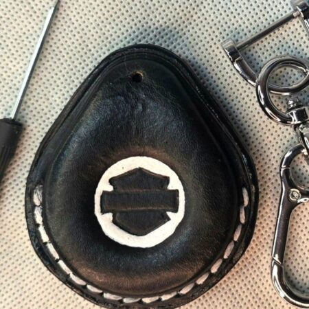 Black and white Premium Leather Harley Davidson Key Fob Case with white stitching
