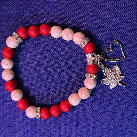 Canada Red and White bracelet with maple leaf and heart pendants