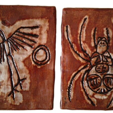 Set 2 Hopi Petroglyph Ceramic Tiles 4" x 3" Big Crane Hopi Spider