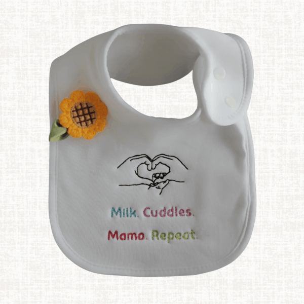 Milk. Cuddles. Mama. Repeat. — Embroidered Baby Bib | Mother’s Day Special