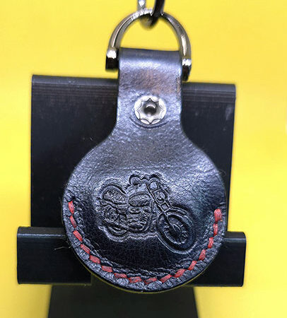 Apple AirTag Holder with Debossed Motorcycle and Red Stitching Handcrafted from Premium Quality Veg-Tanned Leather