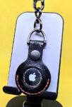 Apple AirTag Holder with Debossed Motorcycle and Red Stitching Handcrafted from Premium Quality Veg-Tanned Leather
