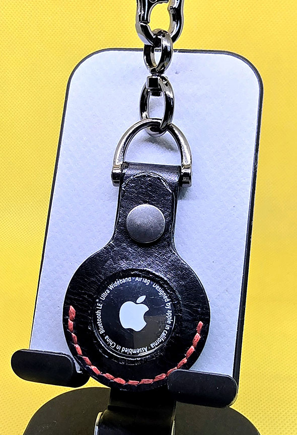 Apple AirTag Holder with Debossed Motorcycle and Red Stitching Handcrafted from Premium Quality Veg-Tanned Leather