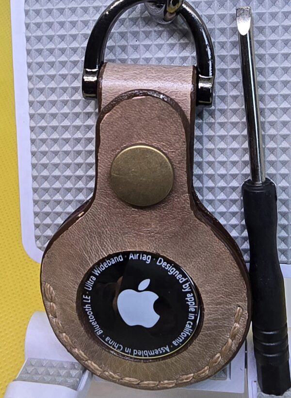 Brown Apple Air Tag Holder with Motorcycle Handcrafted from Premium Quality Veg-Tanned Leather
