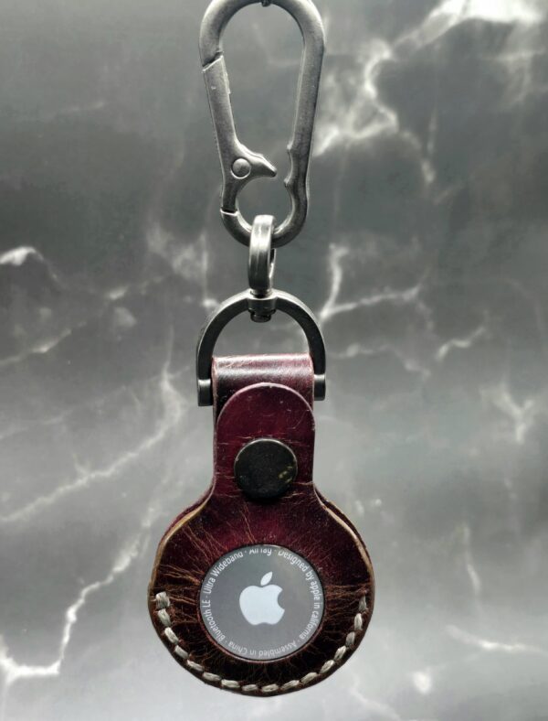 Burgundy-Brown Apple Air Tag Holder with Mountain Scene Handcrafted from Premium Quality Veg-Tanned Leather