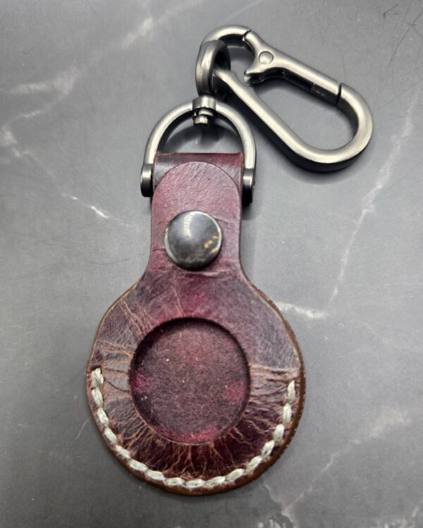 Burgundy-Brown Apple Air Tag Holder with Mountain Scene Handcrafted from Premium Quality Veg-Tanned Leather