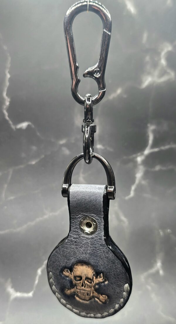 Charcoal Gray Apple Air Tag Holder with Skull and Crossbones Handcrafted from Premium Quality Veg-Tanned Leather