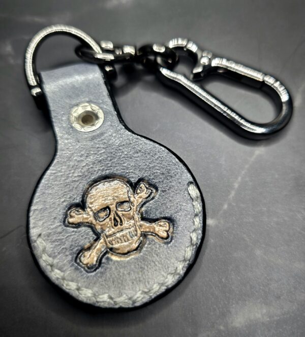 Charcoal Gray Apple Air Tag Holder with Skull and Crossbones Handcrafted from Premium Quality Veg-Tanned Leather
