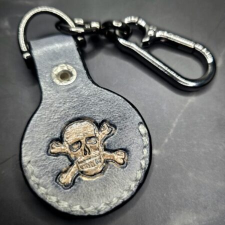 Charcoal Gray Apple Air Tag Holder with Skull and Crossbones Handcrafted from Premium Quality Veg-Tanned Leather