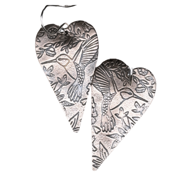 Handmade Copper Heart Earrings Hummingbird Design – Boho Shabby Chic Dangles